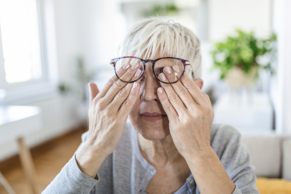 Eine ältere Frau mit grauen Haaren reibt ihre Augen. 
