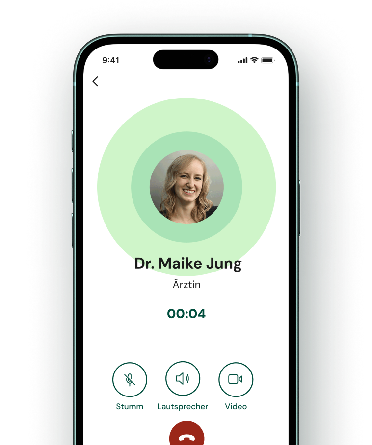Smartphone-Bildschirm mit einem Anruf bei Dr. Maike Jung, Ärztin. Anzeige der Optionen Stumm, Lautsprecher und Video