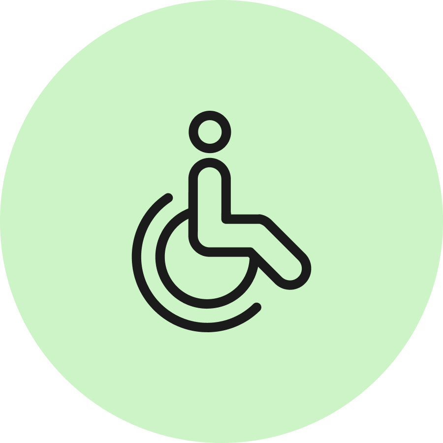 Barrierefreiheits-Symbol: Schwarz-weißes Rollstuhlsymbol auf grünem Hintergrund für inklusive Zugänglichkeit.