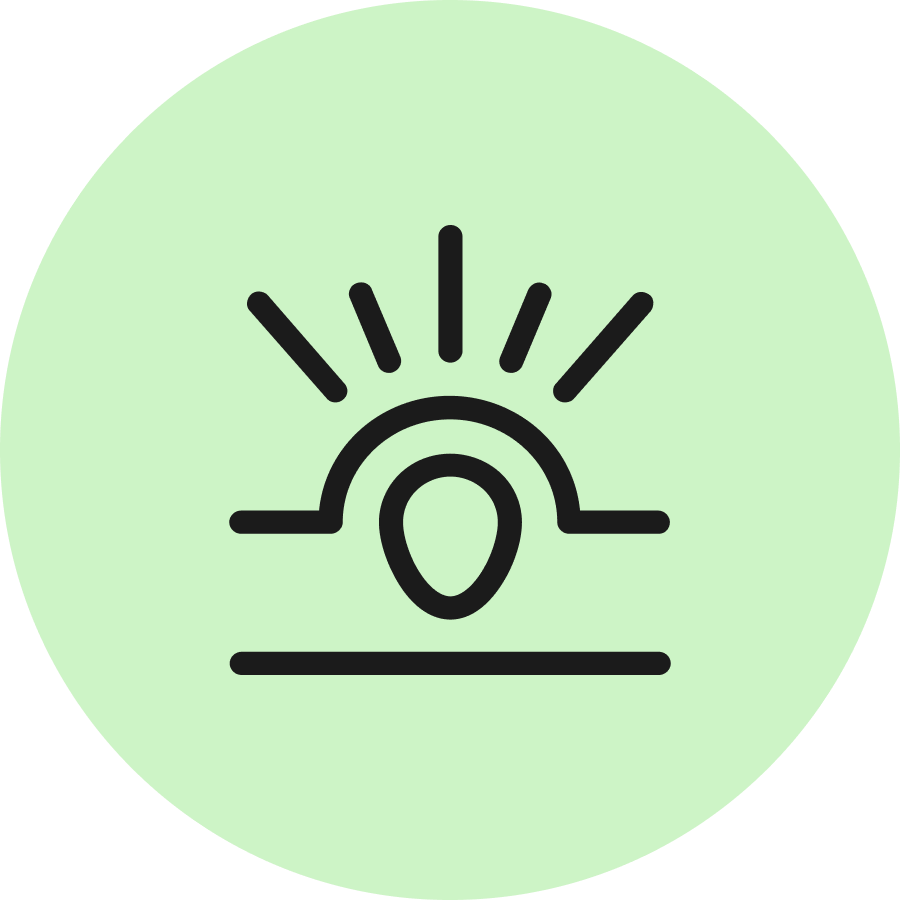Sonnenaufgang-Symbol auf grünem Kreis, Stilisiert mit Linien und Strahlen, minimalistisches Design.