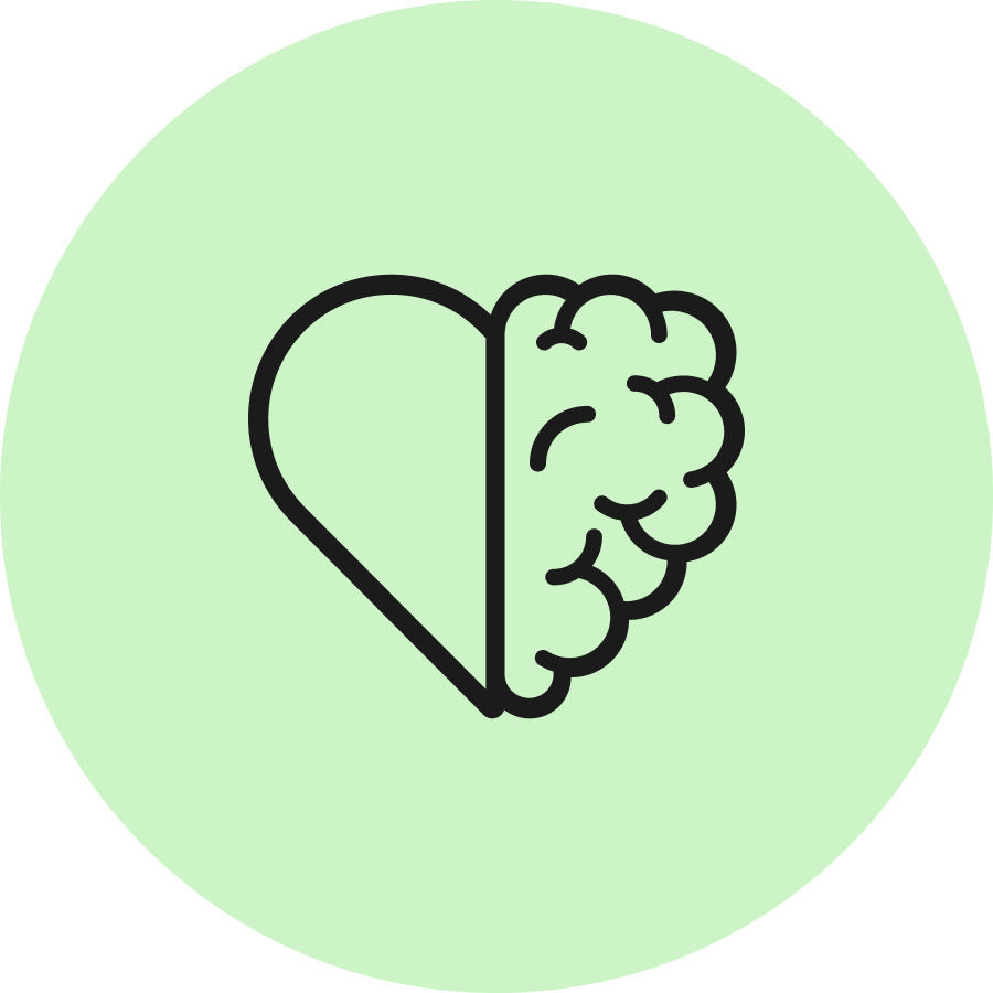 Herz und Gehirn Logo auf grünem Hintergrund, symbolisiert Verbindung von Emotion und Intellekt.